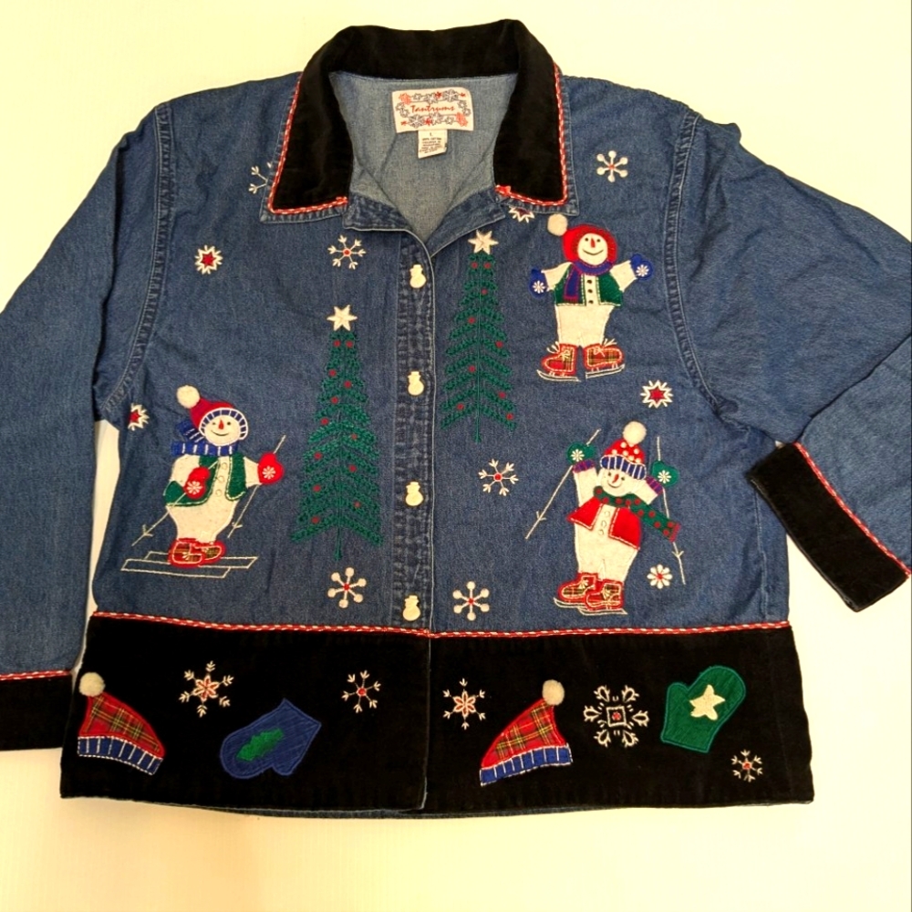 0819 VTG Tantrums Women's Christmas Denim Shirt Size L Embroidered Snowman